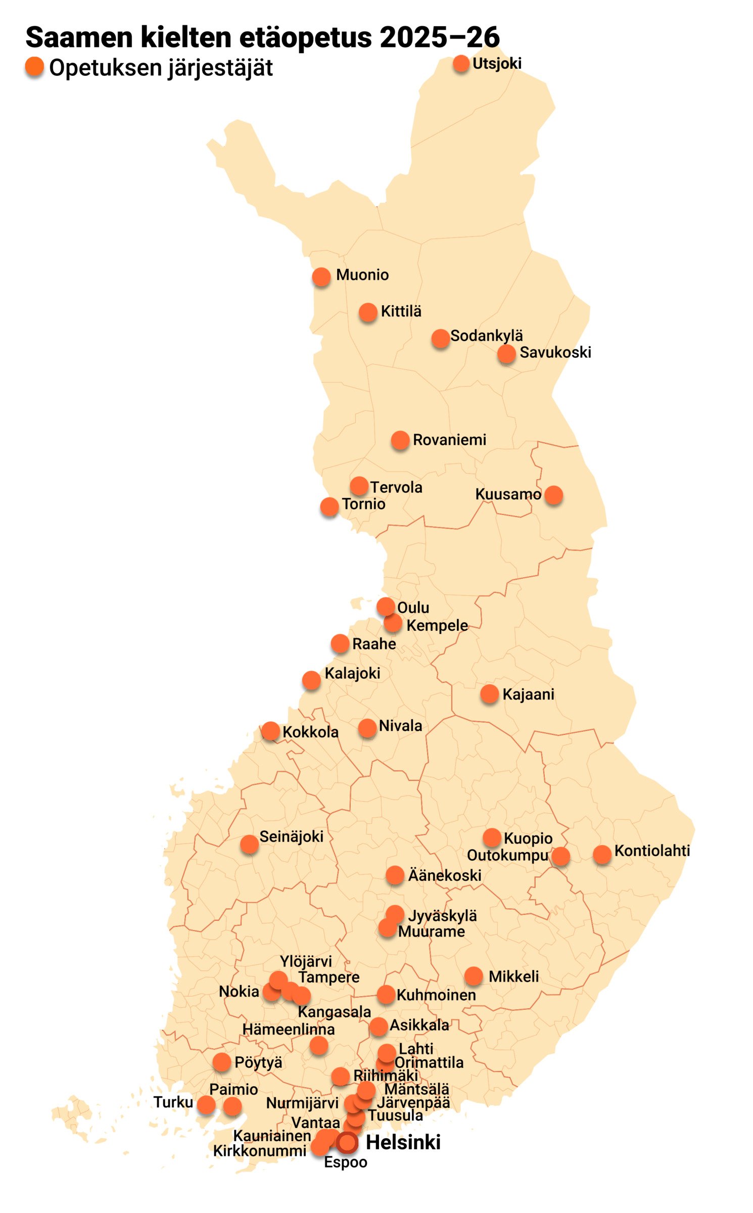 suomen kartta, johon merkitty saamen kielen etäopetuspisteet